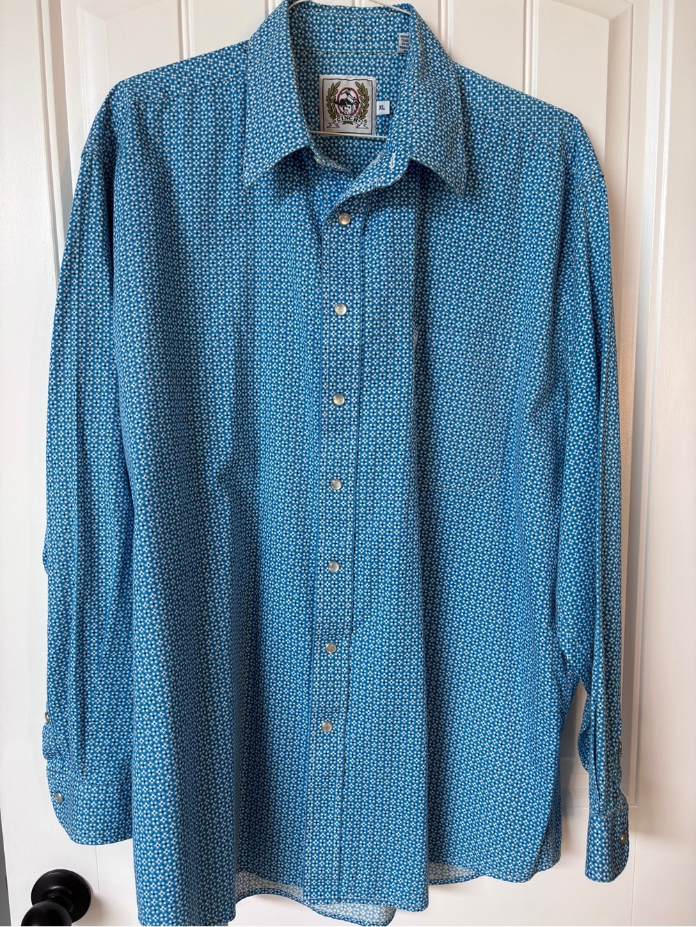 Cinch Men's Teal Blue Geometric Print Mother of Pearl Button-Down Shirt XL